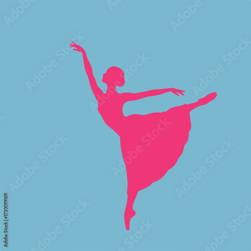 Pink dancer silhouette on light blue background, poised in ballet arabesque