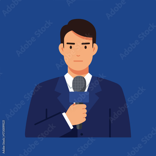Interviewer holds a microphone wearing dark suit on a solid blue background