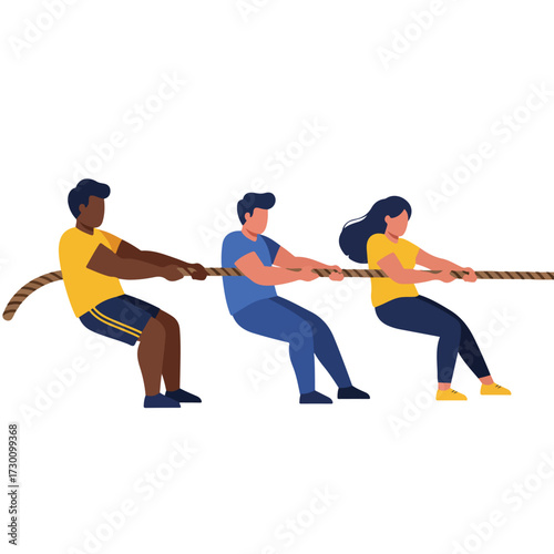 Three stylized figures pulling a rope in a tug-of-war stance