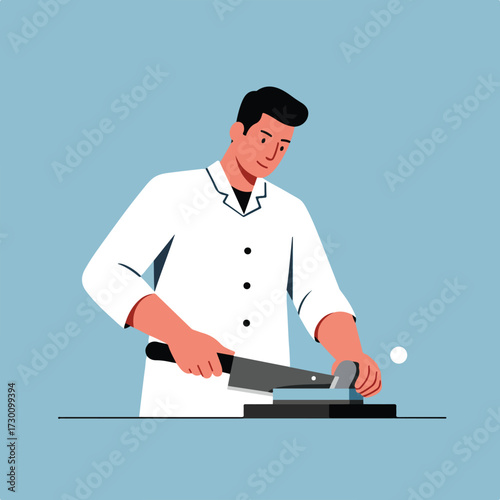 Man in white coat sharpening a knife on a sharpening stone