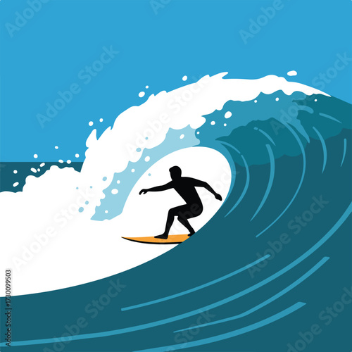 Surfer silhouetted riding a blue wave with white foam on an orange board