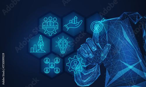 Futuristic businessman touching screen on the icon representing business strategy elements. goal, strategy, target, mission, action, idea, teamwork, research and business strategy concept.