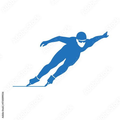 Blue silhouette of a speed skater gliding forward with one arm extended