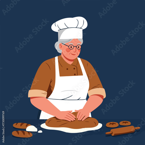 Baker woman kneads dough on a table