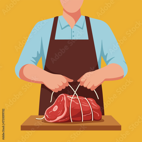 Butcher ties roast on wood block against mustard background, flat style