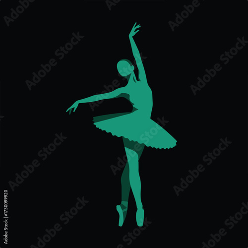 Teal ballerina in pose against black background