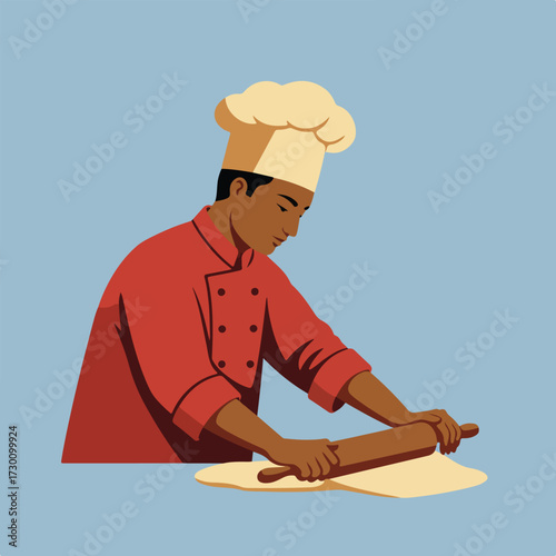 Chef rolls dough, wearing red uniform and tall hat, on blue background