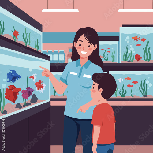Woman and child look at fish tanks in a store, both pointing at the glass