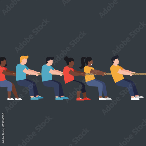 Flat vector image of six people pulling a rope in a tug-of-war