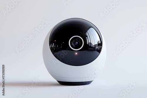 Close up of a modern spherical white and black security camera with a glowing orange light and reflective surface