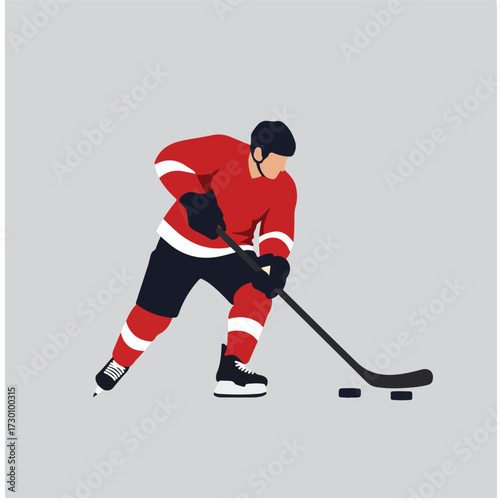 Hockey player skating, holding a stick over pucks, red and black uniform