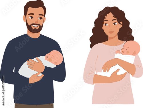Parents holding babies, family bonding, caregiving moment, peaceful newborns, love, tenderness, illustration, parenting, emotional connection