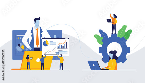 Vector art of business analytics and data visualization with team collaboration and workflow automation concept 