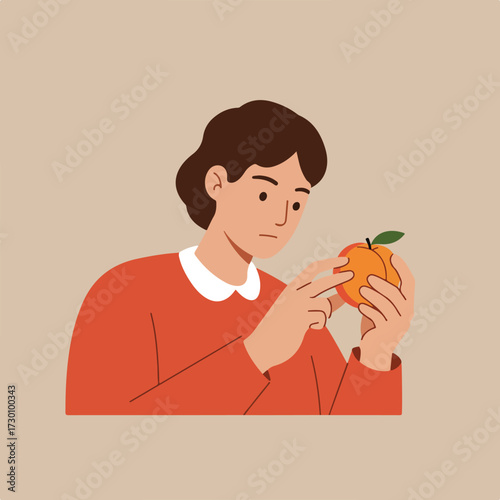 Person carefully inspecting a peach, simple flat design