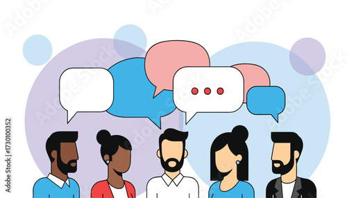 Vector art of diverse group of people communicating with speech bubbles, representing discussion and conversation 