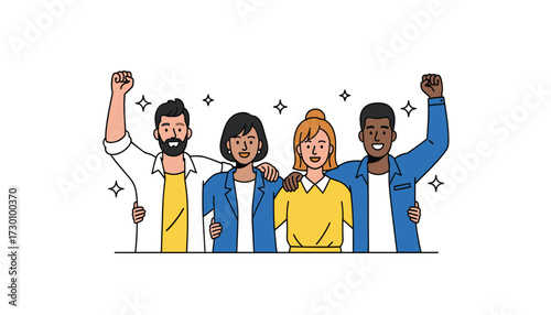 Vector art of diverse group of four friends or colleagues celebrating success with raised fists and arms around shoulders