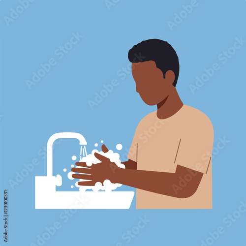 Flat illustration of a person washing hands with soap at a white sink