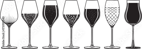  Vector Set of Alcohol Glasses – Red Wine, White Wine, Champagne, and Sparkling Drinks