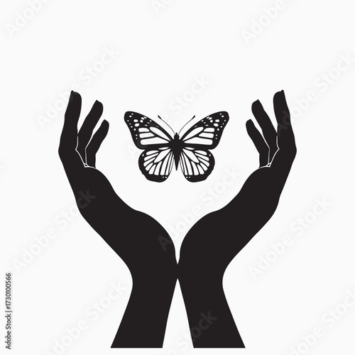 hand holding butterfly, Letting Go and Embracing Metamorphosis with a Butterfly Flying from Cupped Hands Vector.