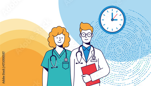 Vector art of two doctors, a man and a woman, stand sidebyside with a clock in the background, symbolizing healthcare and time management 