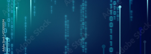 A digital abstract composition show vertical lines and circle in shade of blue against a  binary numbers 0101 code on dark blue background.