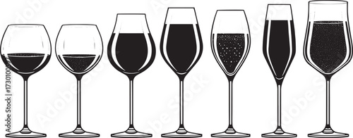  Vector Set of Alcohol Glasses – Red Wine, White Wine, Champagne, and Sparkling Drinks