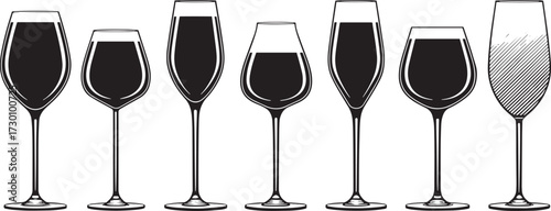  Vector Set of Alcohol Glasses – Red Wine, White Wine, Champagne, and Sparkling Drinks