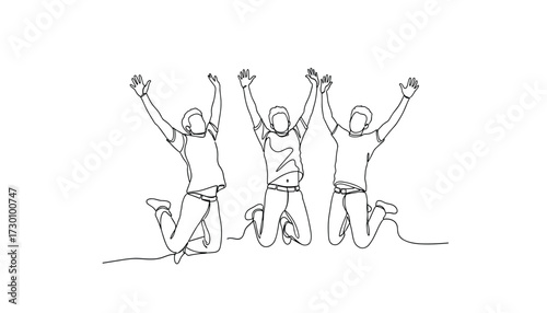 Vector art of three friends jumping in the air with joy, , celebrating success and freedom with energetic movement and happy expressions 