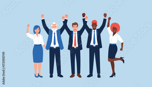 Vector art of a diverse group of five business people, men and women of different ages and ethnicities, celebrating with their arms raised in the air against a light blue background, symbolizing succe