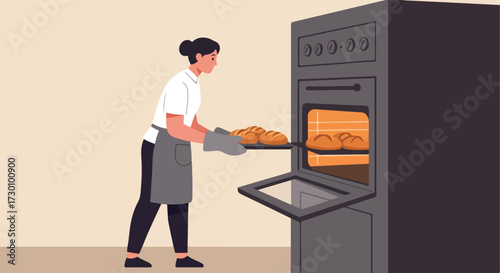 Baker removing bread from oven, wearing mitts and apron, baking goods inside
