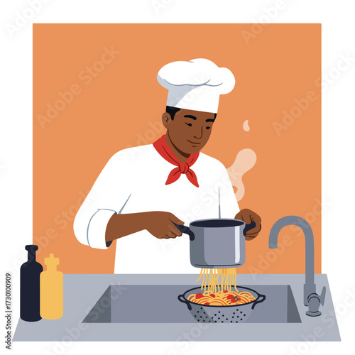 Chef drains spaghetti
