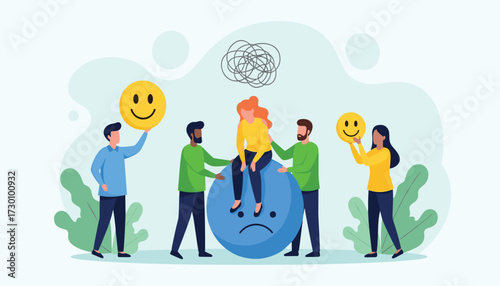 Vector art of group of people supporting a woman struggling with mental health, showing empathy and offering happiness symbols 