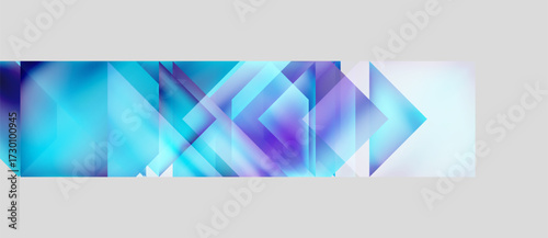 Abstract geometric shapes overlap, creating vibrant blue, purple gradients. Modern design suggests movement, technology, innovation.