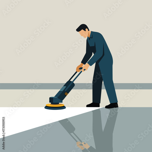 Worker polishes floor with machine; reflection below