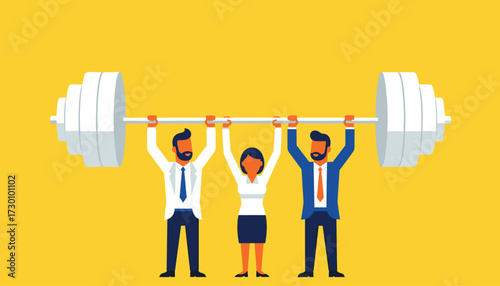 Vector art of teamwork and strength three business people lifting a heavy barbell together, symbolizing collaboration and shared effort in achieving goals 