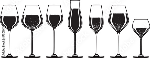  Vector Set of Alcohol Glasses – Red Wine, White Wine, Champagne, and Sparkling Drinks