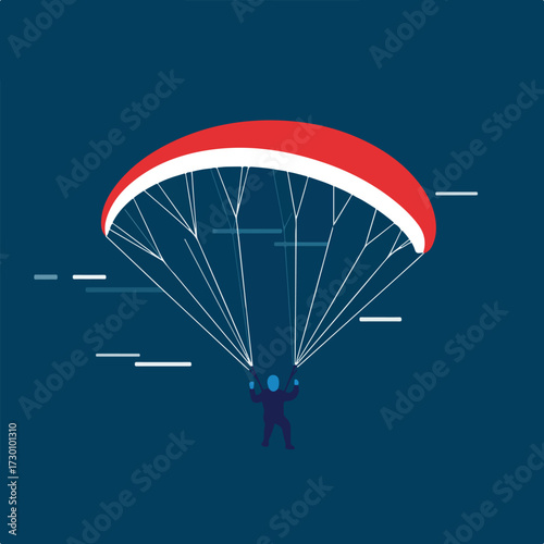 Skydiver with red parachute on deep blue background with stylized movement lines