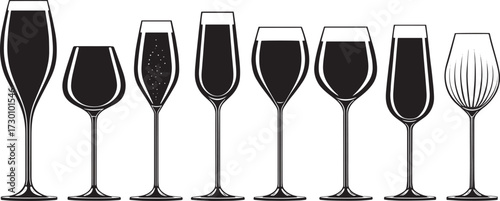  Vector Set of Alcohol Glasses – Red Wine, White Wine, Champagne, and Sparkling Drinks