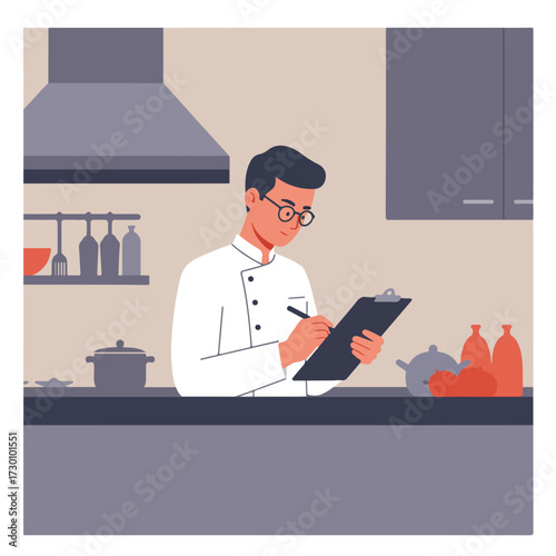 Chef takes notes in kitchen