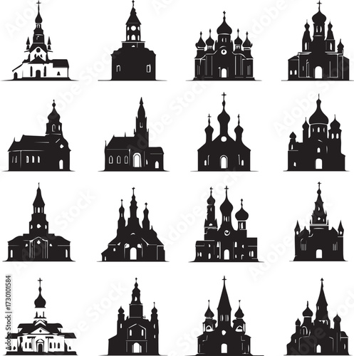 Black silhouette church icon set with domes, spires, steeples, and ornate facades in architectural vector style