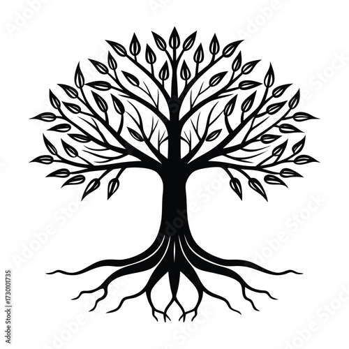 a detailed black and white illustration of a stylized tree with intricate leaf shapes, lush foliage, and deep roots, depicting the growth and vitality of a living organism, with a strong, bold, and ab