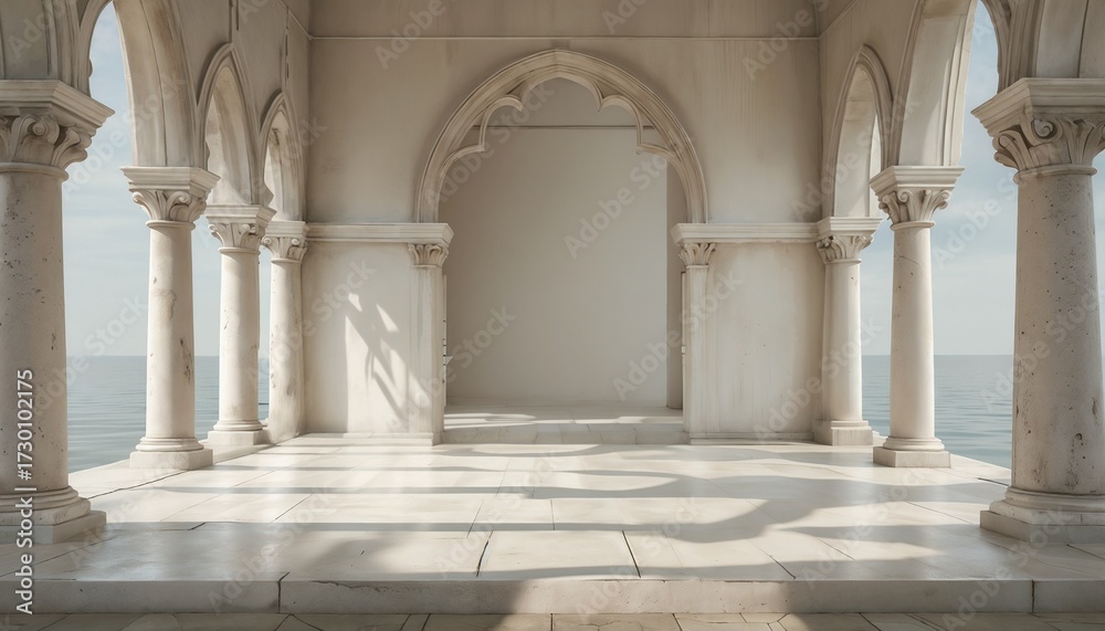 Fototapeta premium Elegant Arcade Featuring Symmetrical Columns and Pointed Arches