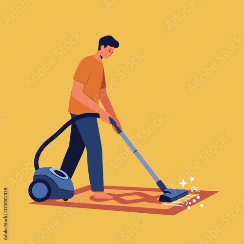 Man vacuuming a rug with a blue vacuum cleaner on a yellow background