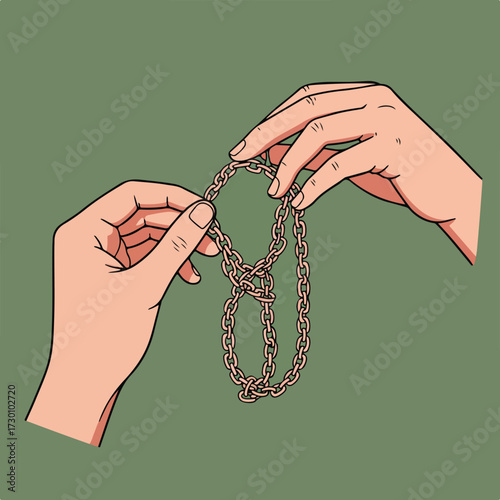 Two hands hold a knotted chain, on an olive background