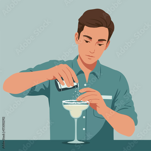 Man salting margarita glass rim before pouring drink in vector illustration
