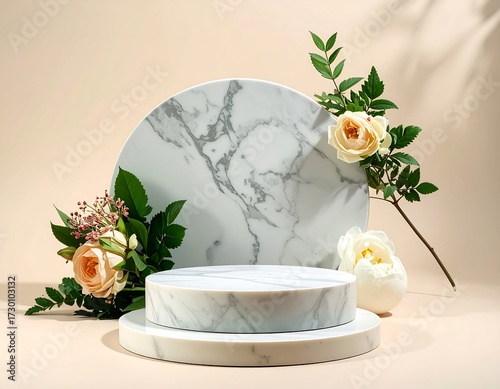 Fototapeta Naklejka Na Ścianę i Meble -  Elegant marble display with peach roses and white peonies