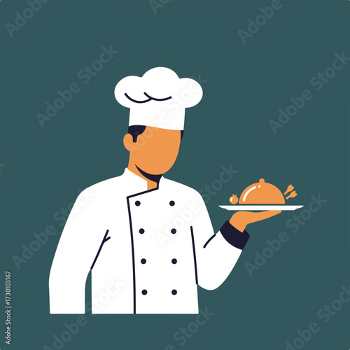 Chef holding a covered platter in vector style against teal background