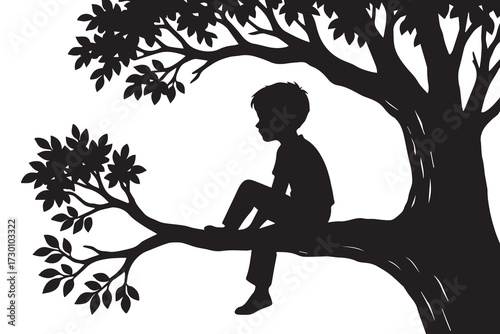 A silent scene portrayed in vector silhouette: boy resting on high tree branch, entirely black and white, emphasized with sharp black outline.