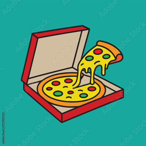 Vector illustration of an open pizza box displaying delicious slice inside, colorful design emphasizing cheese, toppings, fresh ingredients, appetizing and modern style.