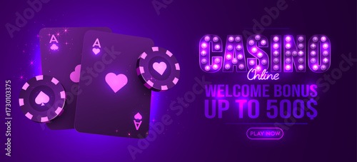 Poker card with casino chips. Casino banner. Vector illustration